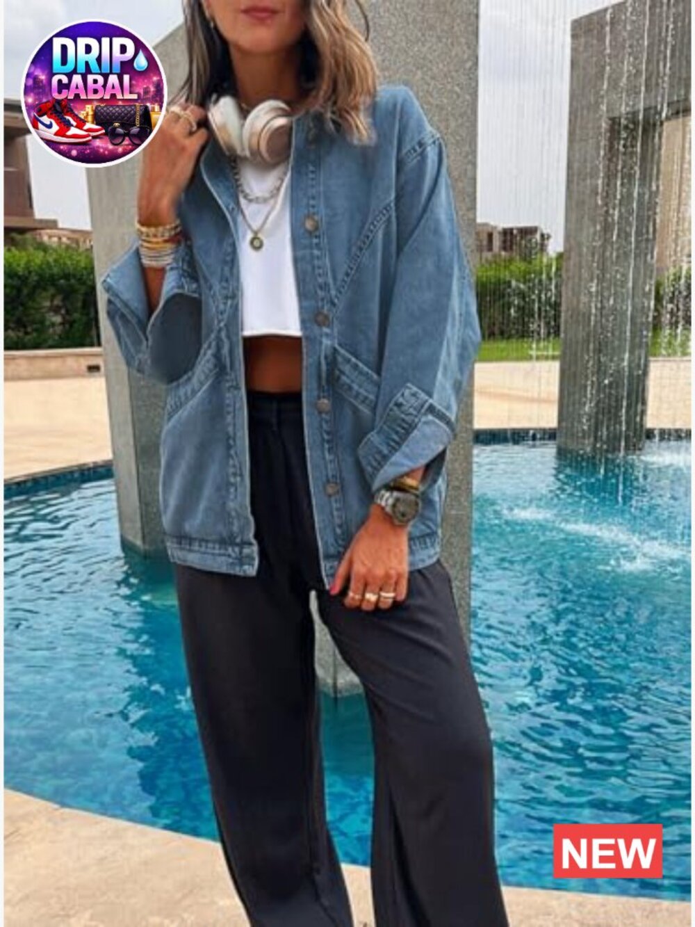Oversized Button Up Denim Jacket Shacket Long Sleeve with Pockets - Picture 5 of 6